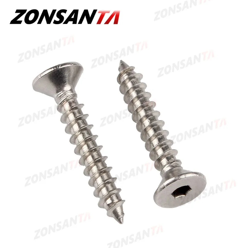 ZONSANTA-tornillo de rosca de cabeza avellanada M3 M4 M5, hexagonal, de acero inoxidable 304, cabeza Allen plana, para madera