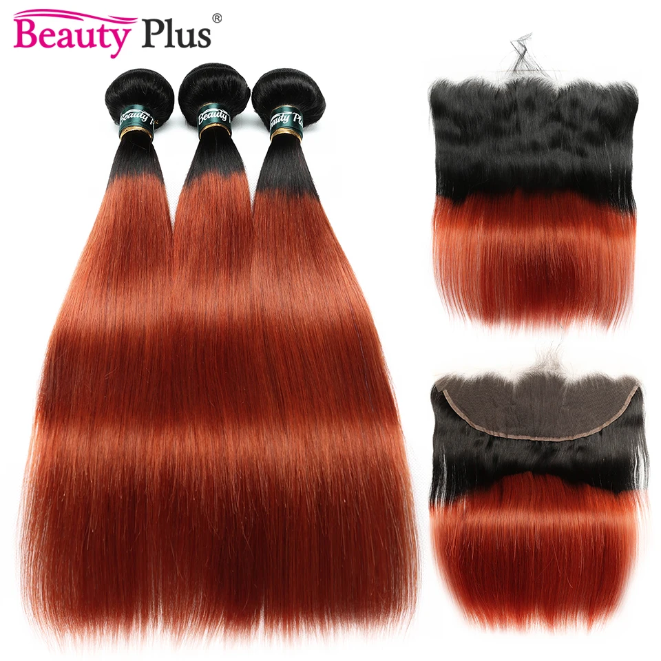 Orange Straight 4x4 Lace Closure With Bundle 10-28 Brazilian Ombre Two Toned  Remy Human Hair Weave Bundles With Frontal Closure