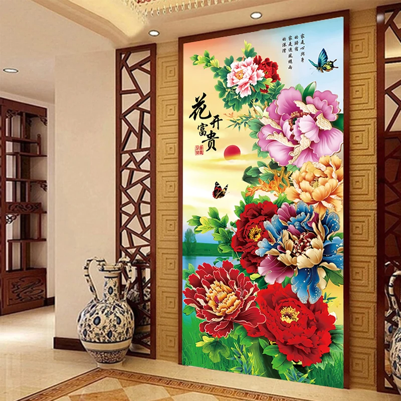 Vertical version of peony blossoms fortune DIY Embroidery 11CT Printed Canvas Cross Stitch Kits Craft Needlework Set Cotton Thre