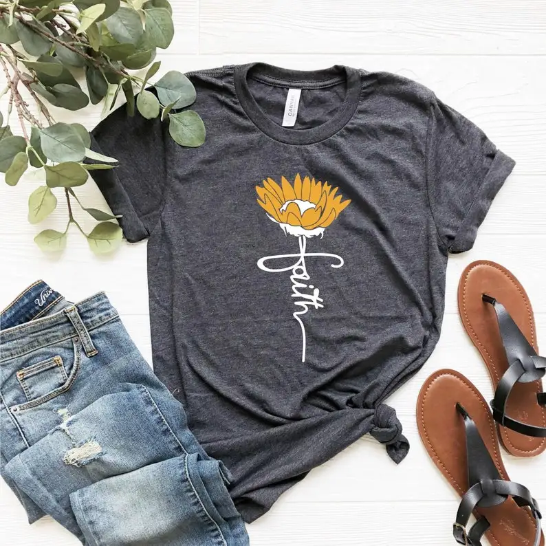 Faith Christian Faith Vertical Cross Religious Church Disciple Love Grace Sunflower Cotton Neck Female Short Sleeve Unisex y2k