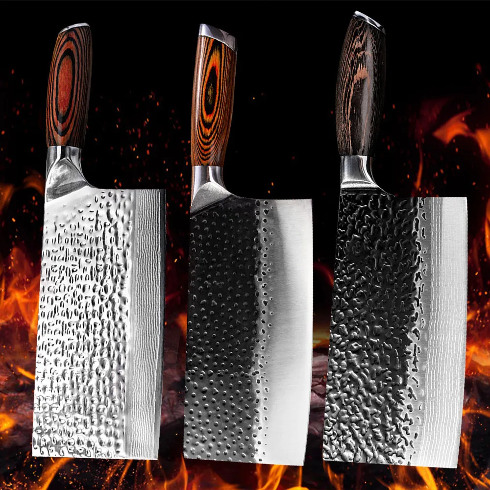 Chinese Forged Butcher Knife Kitchen Cleaver Knife 5CR15 Stainless Steel Full Tang Chef Butcher Chopper Meat Santoku Cutter Tool