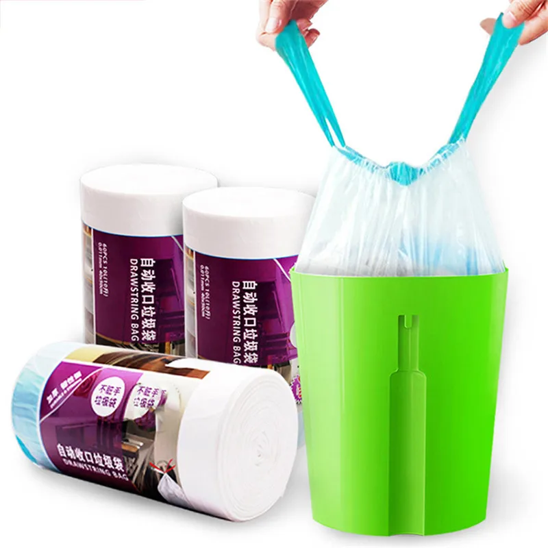 60pcs/Lot Transparent Plastic Bags Stringing Type Kitchen Garbage Bag 40*45cm Durable White Drawstring Trash Bags Hotel Rubbish