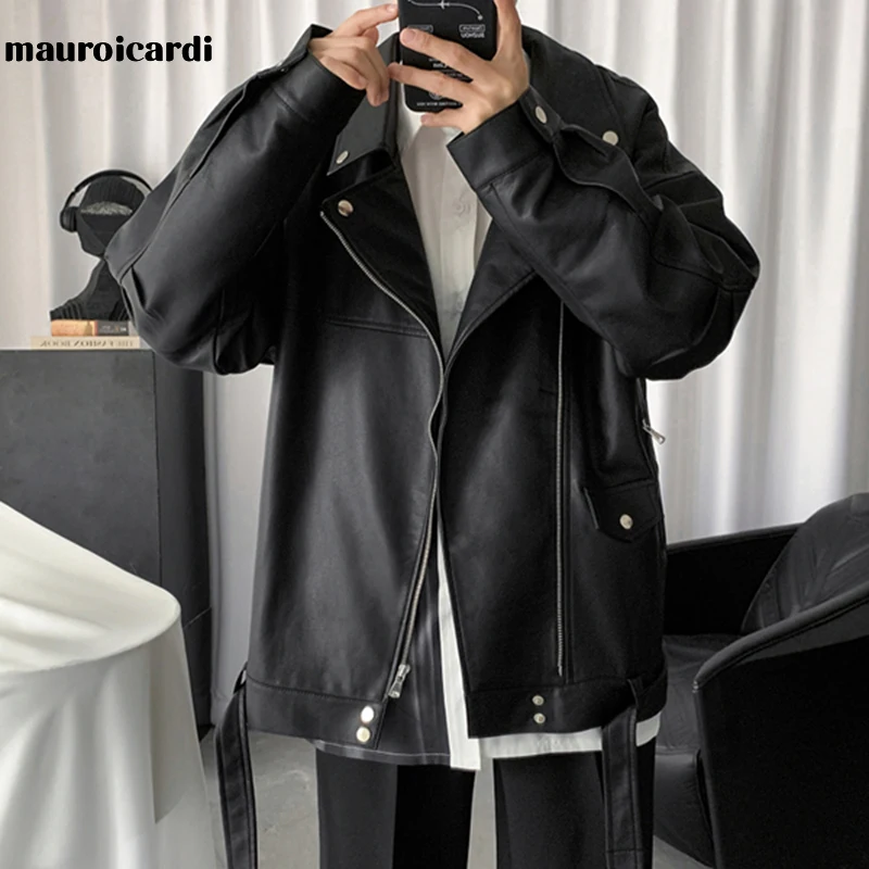 Mauroicardi Spring Black Oversized Leather Biker Jacket Men Casual Loose Korean Fashion 2021 Faux leather Jackets for Men Brand