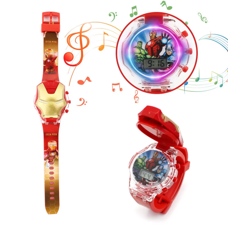 Disney Marvel Spiderman iron Man Frozen Children\'s music flashing light luminous flip watch boy girl Toy watch birthday present