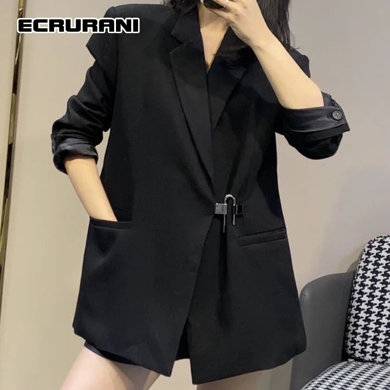 ECRURANI Black Elegant Blazers For Women Notched Long Sleeve Straight Korean Fashion Casual Coats Female 2021 Autumn New Clothes