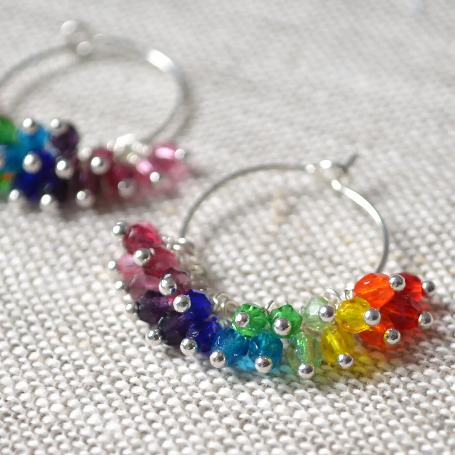 Rainbow Hoop Earrings, Silver, Czech Glass Beads, Beaded Cluster, Small Silver Plated Hoops, Bright and Fun, Colorful Jewelry