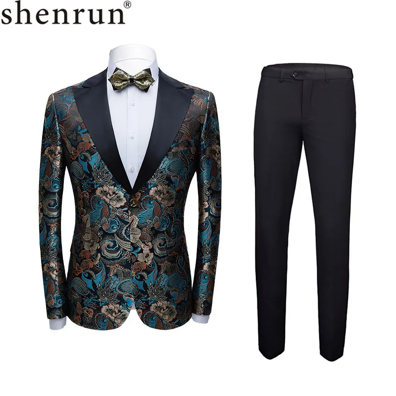 

Shenrun Men Tuxedo Slim Fit Fashion Business Party Prom Banquet Wedding Groom Suit Stage Costume Big Peak Lapel Jacquard Pattern