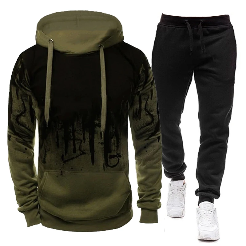 Fashion Men\'s Camouflage Printed Suit Sportswear Long-sleeved Sweater Pants Casual Running Clothes Men\'s Fitness Hoodie+Pants Cl