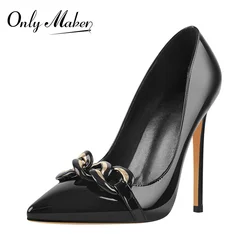 Onlymaker Women Pointed Toe Pumps Slip-On Black Patent Leather Metal Chain Stiletto High Heels  Big Size  Office Pumps