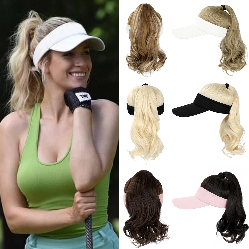 SHANGZI Ponytail Extension Cap hair Synthetic Wig Curly Wavy Wigs with Visor Hat hair Wigs for Women Hat Baseball new 2021