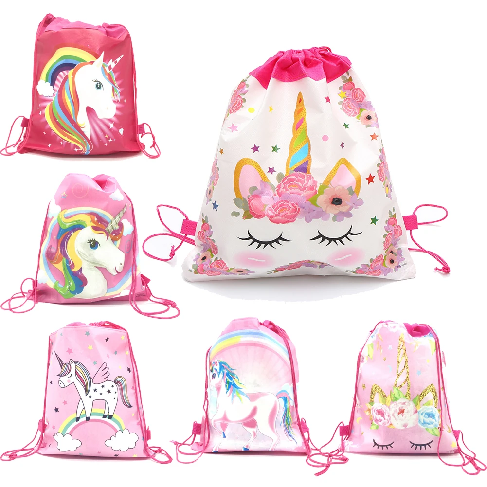 

16/24/50PCS High Quality unicorn Theme Non-Woven Fabrics Drawstring Backpack For Kids Birthday Party Favor Gift Bags 34*24CM