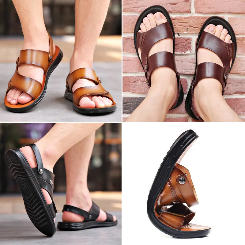 Summer New Fashion Men Shoes Vintage Real Leather Non-slip Beach Slip-On Sandals Travel Flip Flop Slippers Black Brown mk5