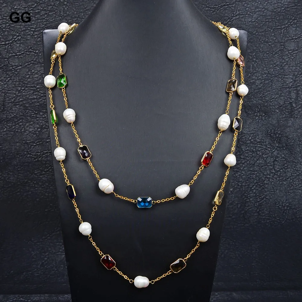 G-G Natural Pearl  64\'\' Natural White Rice Pearl Crystal Gold Color Plated Chain Long Necklace For Women