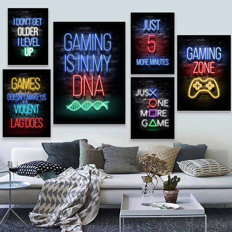 Neon Light Game Quote Canvas Paintings Gamepad Illustration Posters Prints Wall Art Pictures for Game Room Wall Decor Cuadros