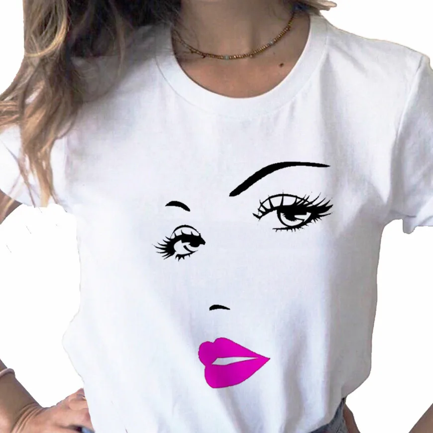 Pretty And Cute Lashes And Eyes print ladies T-shirt casual basics O-collar white shirt short sleeve ladies T-shirt,Drop Ship