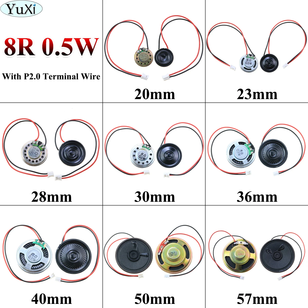 YuXi 1pcs Horn Loudspeaker 8 Ohm 0.5W Diameter Loud Speaker 8R 20mm 23mm 28mm 30mm 36mm 40mm 50mm 57mm With P2.0 Terminal Wire