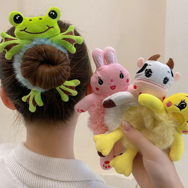 Women Girl\'s Hair Tie for Kids Elastic Hair Rubber Child Head Accessories Cartoon Plush Frog Rabbit Cat Stuffed Animal Scrunchie