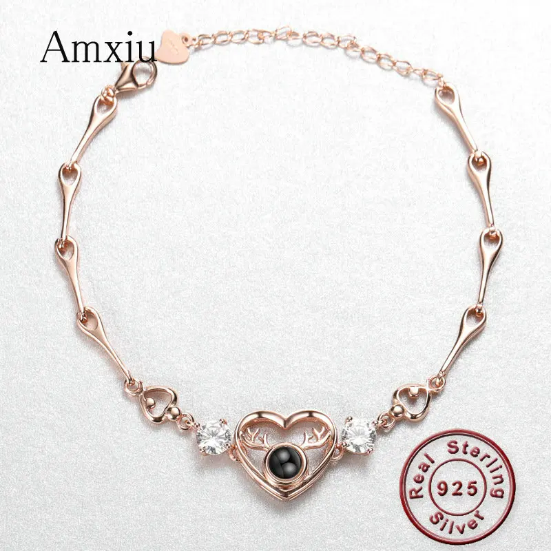 Amxiu 925 Sterling Silver Deer Bracelet 100 languages I love you projection Bracelet Heart Bracelets for Women Christmas Gift