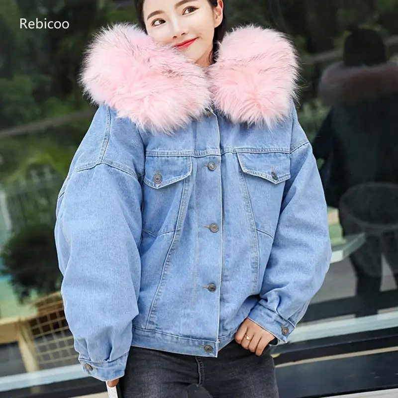 Winter Fur Denim Jacket Women Fashion Faux Rabbit Fur Blue Jeans Jacket Coat with Warm Lining Female Fur Collar Oversize Outwear