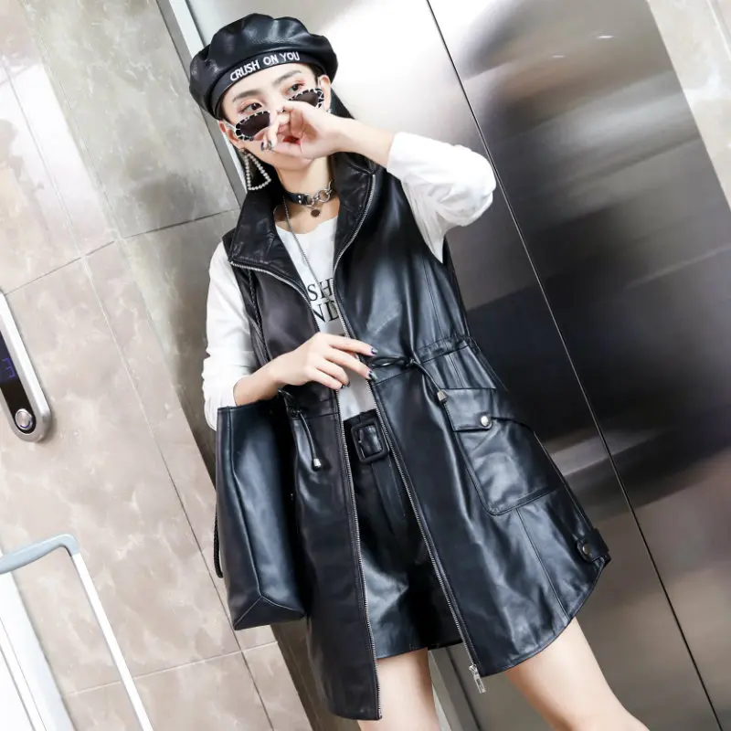 Mid-Length Waistcoat Women Autumn Genuine Leather Lapel Zipper Pockets Drawstring Female Sheepskin Vest Black Sleeveless Jacket