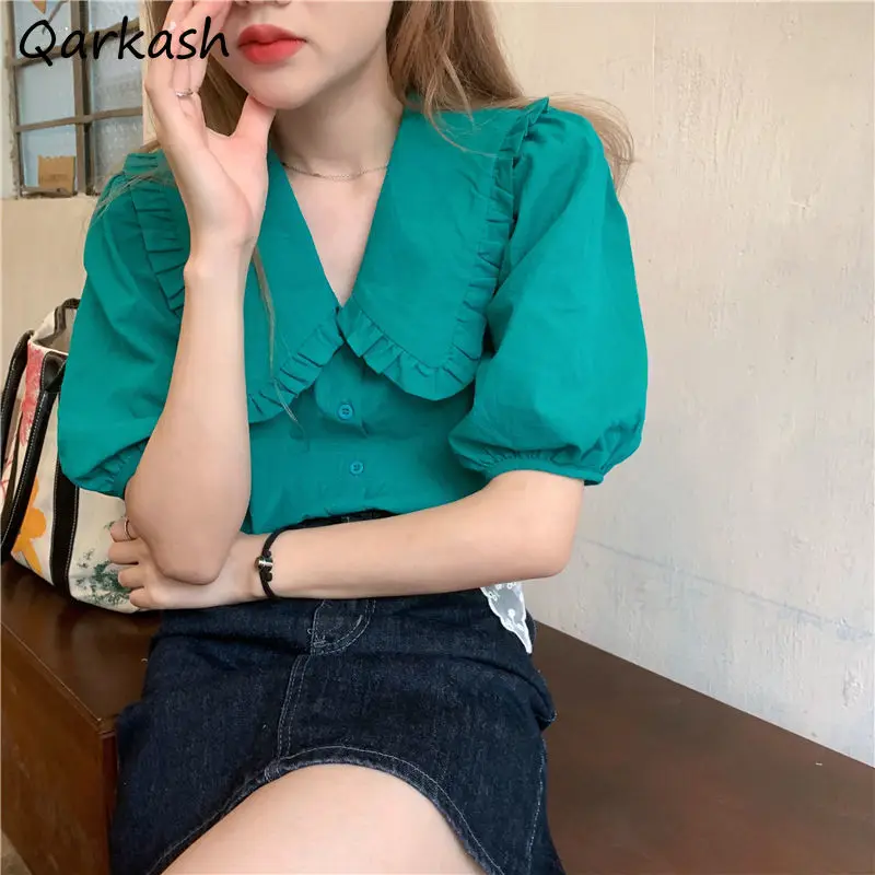 Shirts Women Fit Solid Puff Sleeve Summer Leisure Sweet Ulzzang Holiday Retro All-match Ladies Ins New Fashion Chic Tops Simple