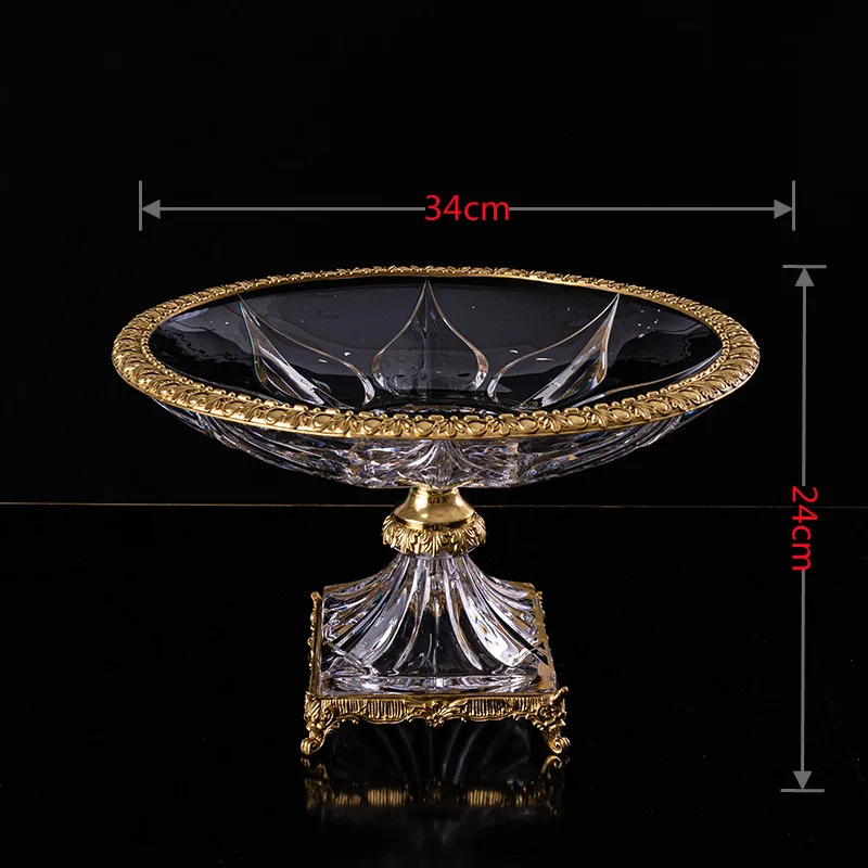 Fruit Plate Crystal Glass Fruit Storage Decoration Bowl  Living Room Coffee Table Brass  Round shape Candy Crystal Glass Plate