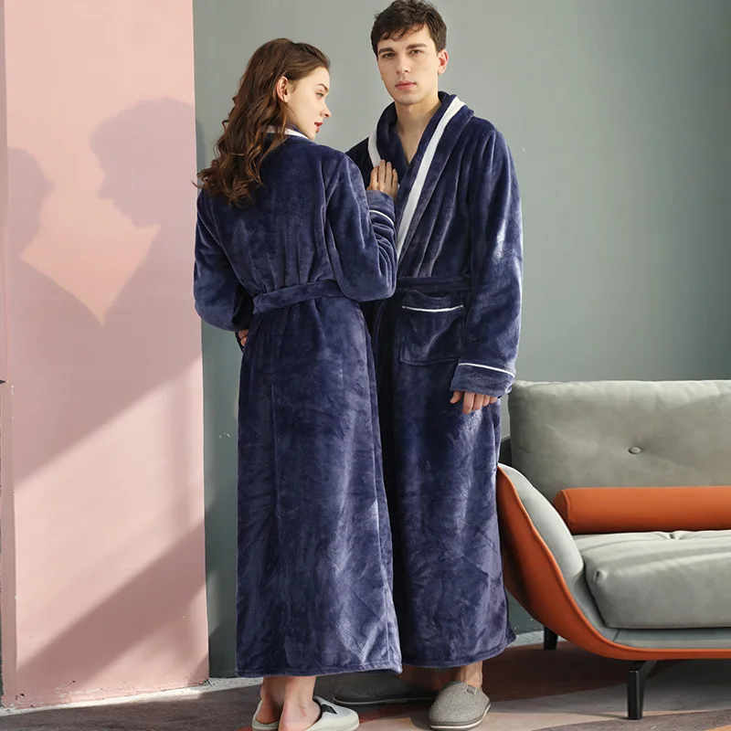 Women Winter Long Flannel Bathrobe Warm Kimono Bath Robe Sexy Bridesmaid Dressing Gown Men Robes Night Sleepwear