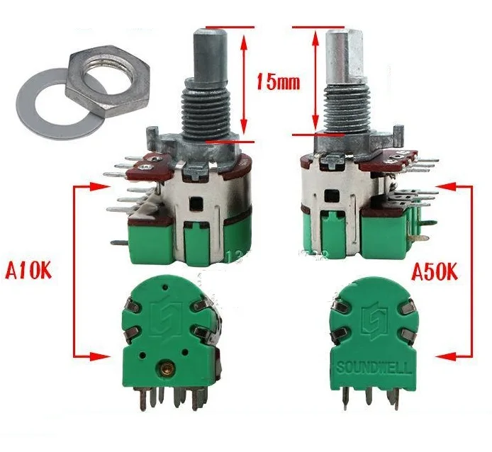 2pcs H120 Stereo channel with switch A50K A10K 15MM half shaft volume potentiometer