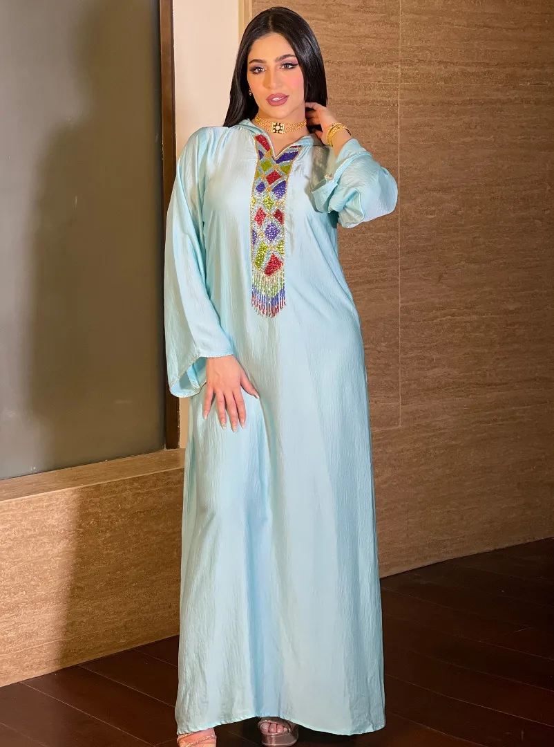 

Muslim Abaya Hooded Dress Morocco Kaftan for Women Fashion Beading Tassel Long Sleeve Loose Hijab Robe Dubai Clothes Light Blue