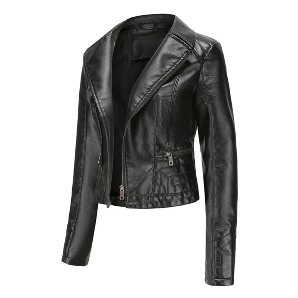 New Spring Autumn Women Faux Leather Jacket Biker With Zipper Coat Turndown Collar Motorcycle Short Slim Outerwear