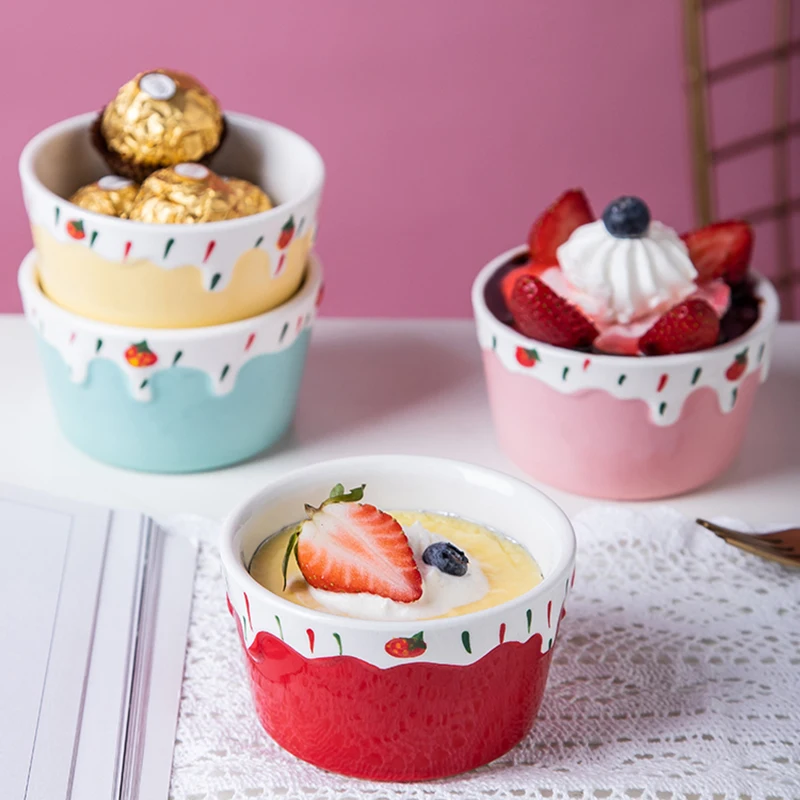 

2-Piece Set Cute Ceramic Bowl Pudding Soufflé Food Container Oven Special Heat-resistant Porcelain Kitchen Utensils Tableware