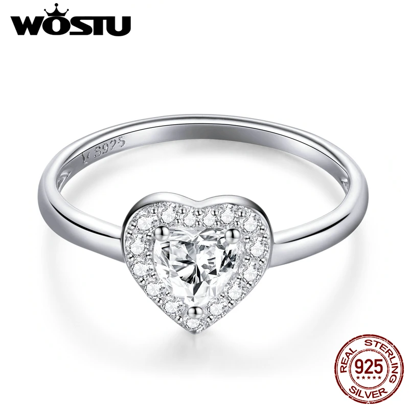 WOSTU 925 Sterling Silver Bright Love Rings Shining Heart Zircon Finger Ring For Women Elegant Silver Jewelry CQR725