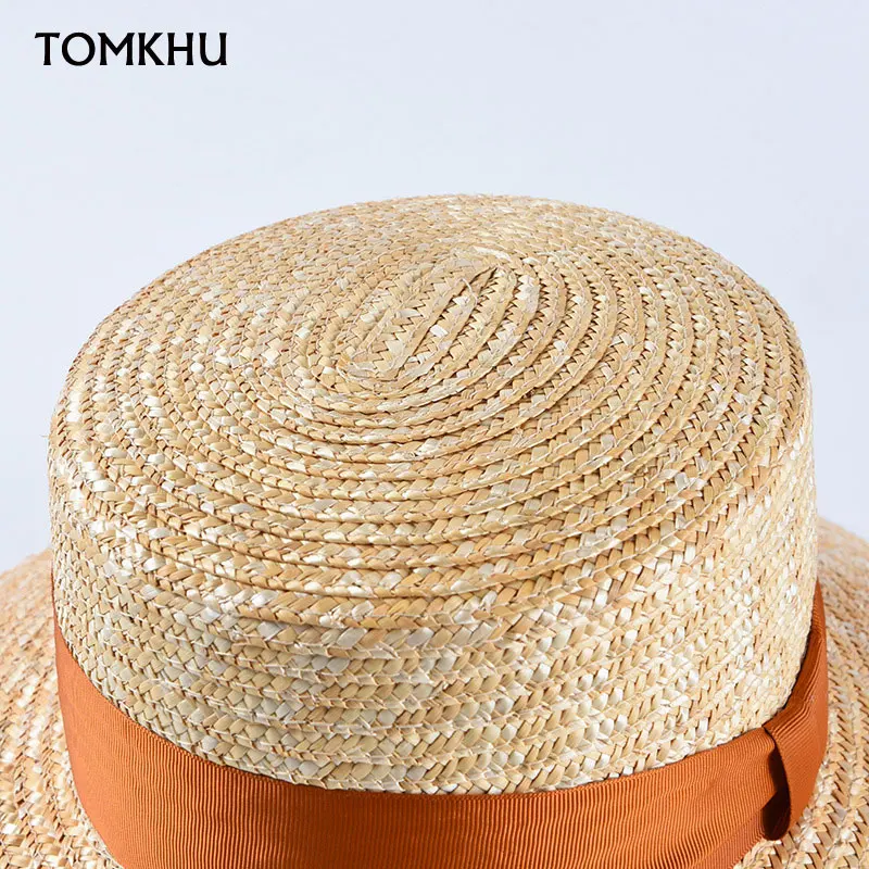 Wide Brim Boater Sun Hat Straw Hat Flat Women Summer Kentucky Derby Hat Orange Black Ribbon Tie Sun Hat Beach Casual Cap Handmad