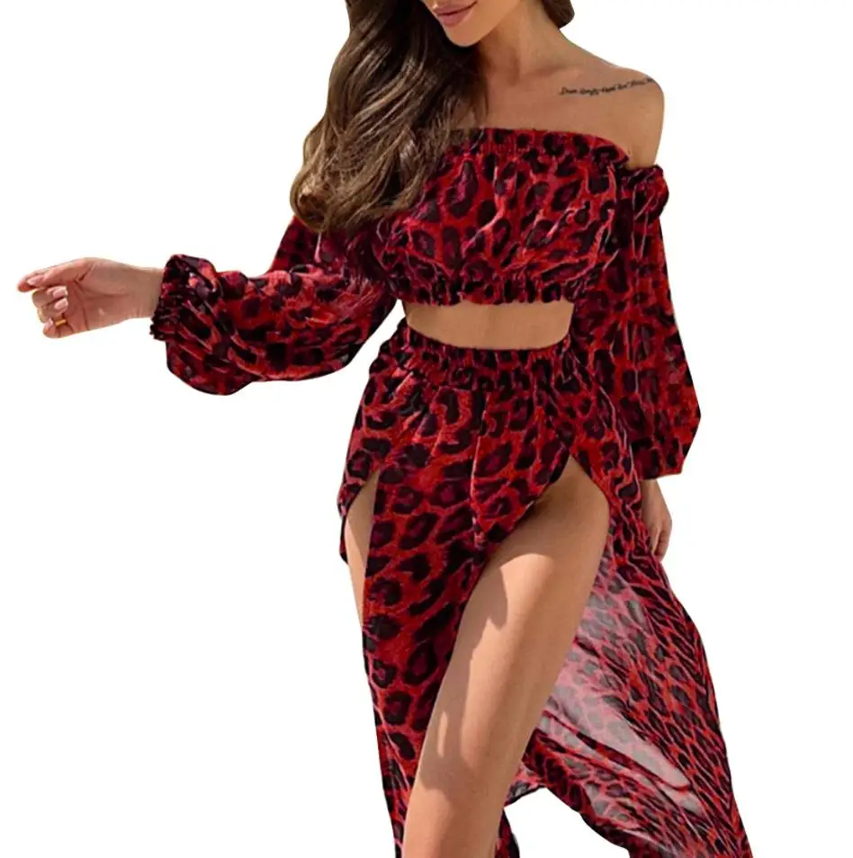 Ladies Sexy Beach Overskirt Set Summer Vacation Women Temperament Leopard Print Strapless Puff Sleeve Crop Top + Split Skirt