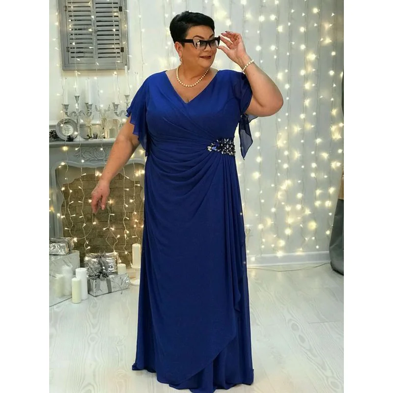 Plus Size Mother of The Bride Dresses V-neck Short Sleeve A-line Formal Evening Gowns Chiffon Sequined Mother Gowns for Weddings