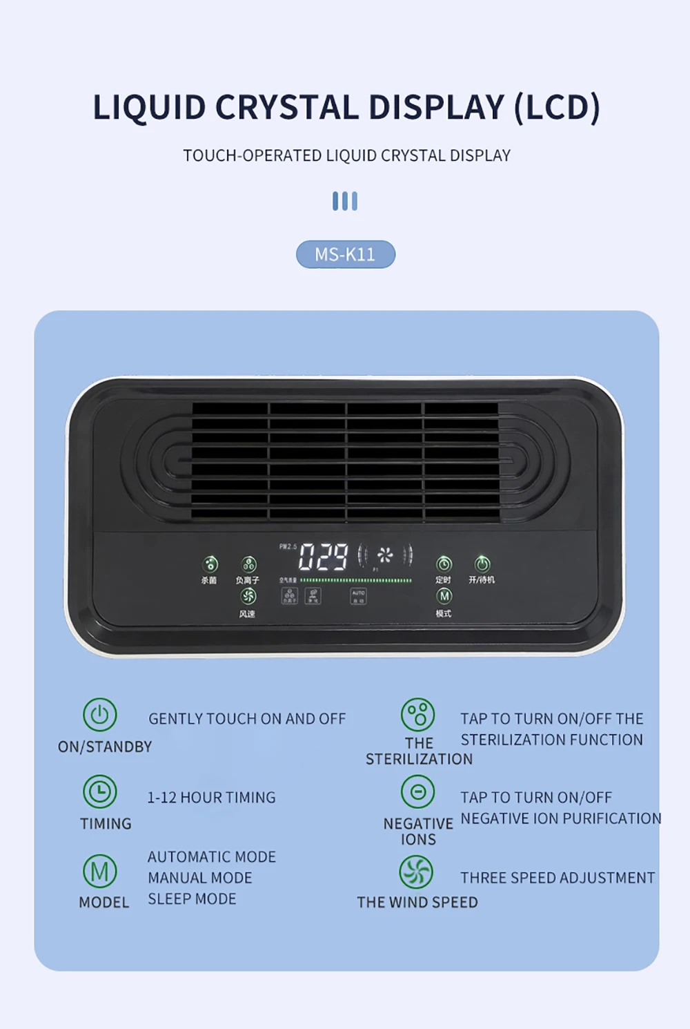 เครื่องฟอกอากาศในครัวเรือนขนาดใหญ่ไอออนลบลบฟอร์มาลดีไฮด์ PM2.5ควันบุหรี่มือสองลบแบคทีเรียและฝุ่นเครื่องฟอกอากาศ