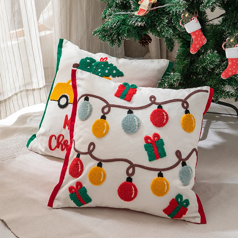 

Christmas Decoration Cushion Cover Santa Snowflake Pillow Case Cotton Square Embroidery Pillow Cover 45x45cm