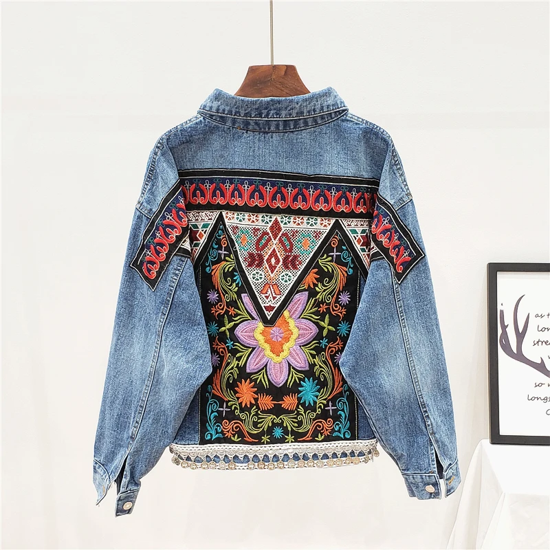 

Vintage Boho Sequins Tassel Embroidery Denim Jacket Women Loose Short Cowboy Outwear Big Pocket Long Sleeve Jeans Jackets Female