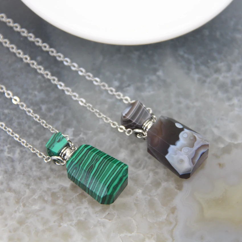 Natural Stones Faceted Essential Oil Diffuser Vial Necklace,Quartz Crystal Perfume Bottle Pendant DIY Jewelry For Women Gifts