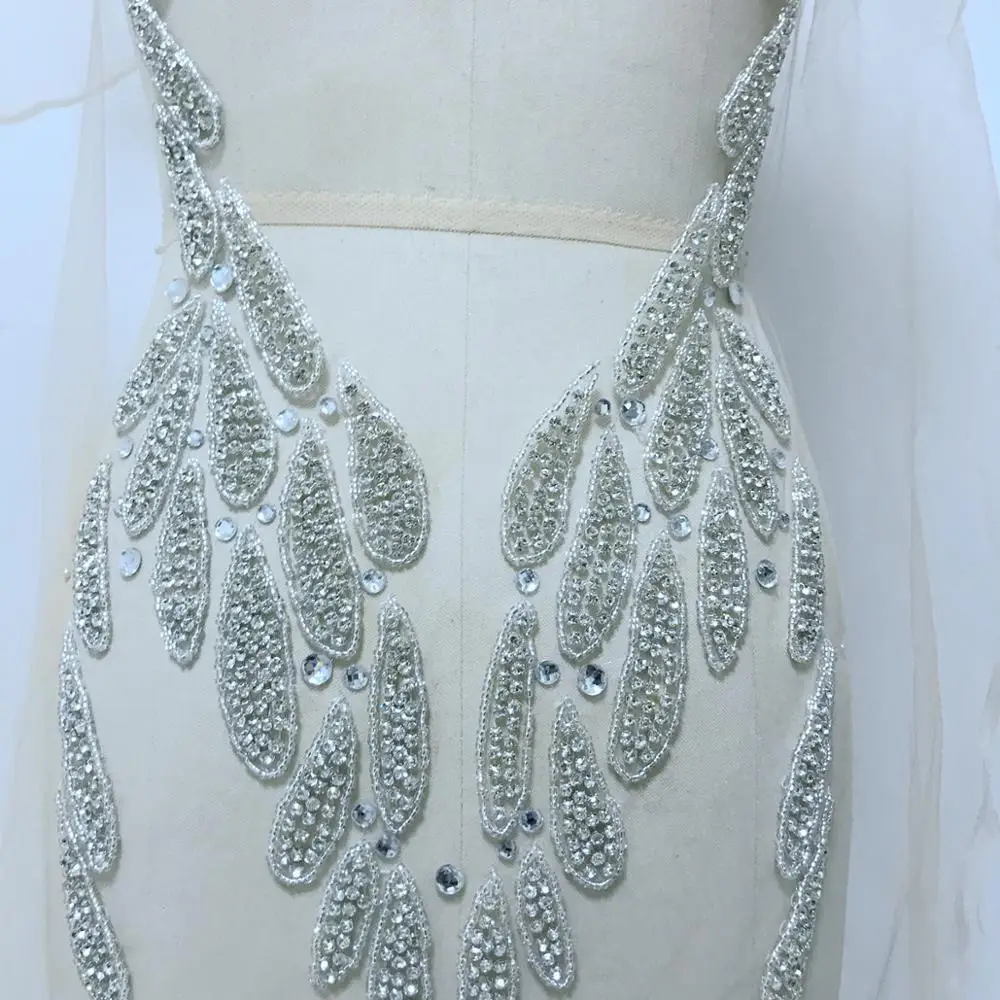 Handmade glass rhinestones applique on nude mesh  silver sew on crystal trim patches full body for dress