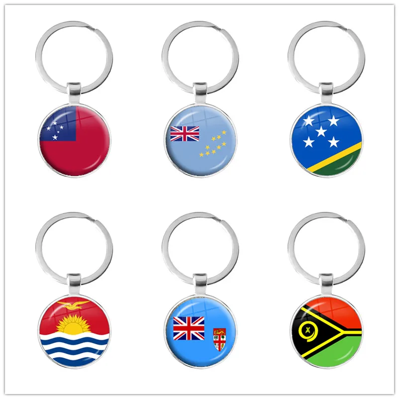 Solomon Islands,Vanuatu,Tuvalu,Fiji,Samoa,Kiribati,Tonga National Flag 25mm Glass Cabochon Keychain Key Ring Jewelry Gift