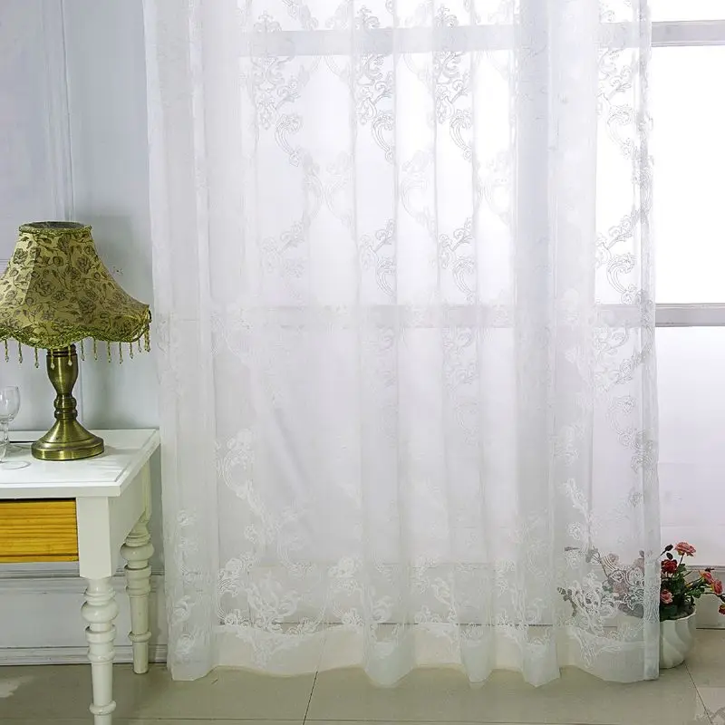 White Floral Sheer Window Curtain Wave Tape Embroidery American Style for Living Room Home Decor Sheer Curtains