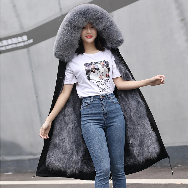 Winter Echt Pelzmantel Frauen Parka Wasserdichte Natürliche Pelz Liner Große Fuchs Pelz Kragen Mit Kapuze Jacke Warme Streetwear