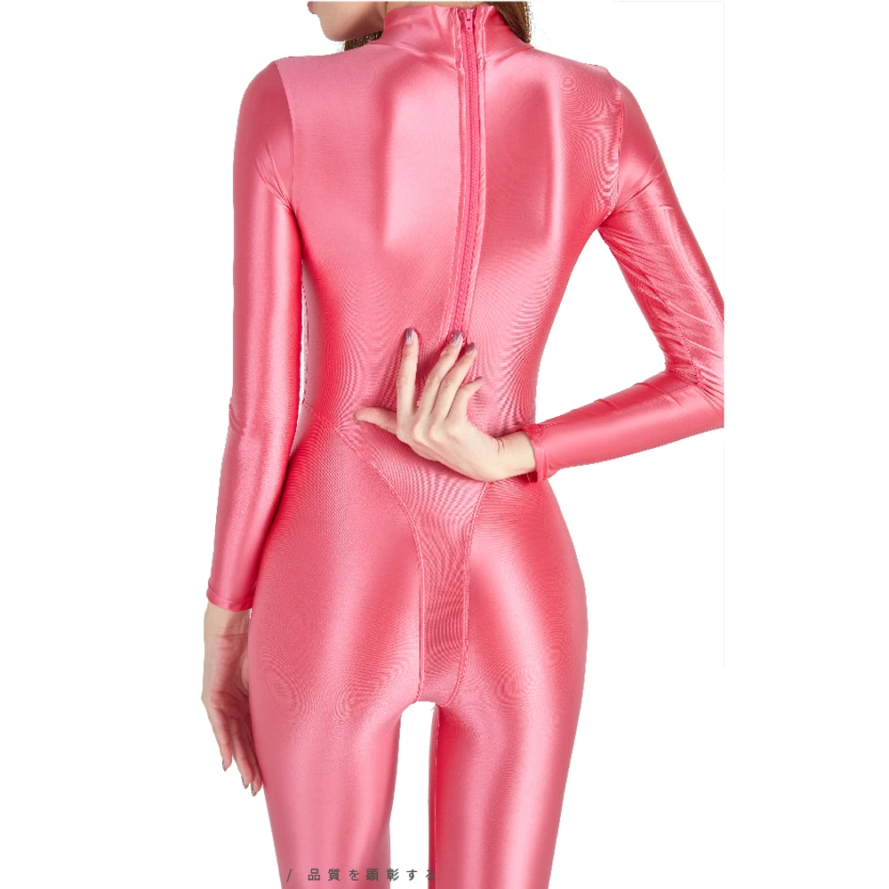 AMORESY-Shiny High Neck Bodysuit, Glossy, Smooth, Casual Running Jumpsuit, Yoga Pants, Sportswear Catsuits, Sexy Overalls, M-3XL