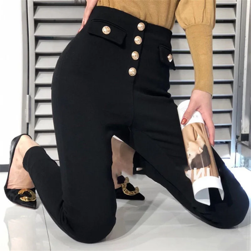 Hoge taille leggings broek vrouwen casual knop fly ontwerp potlood pantalones Koreaanse streetwear skinny broek stretch spodnie nieuw