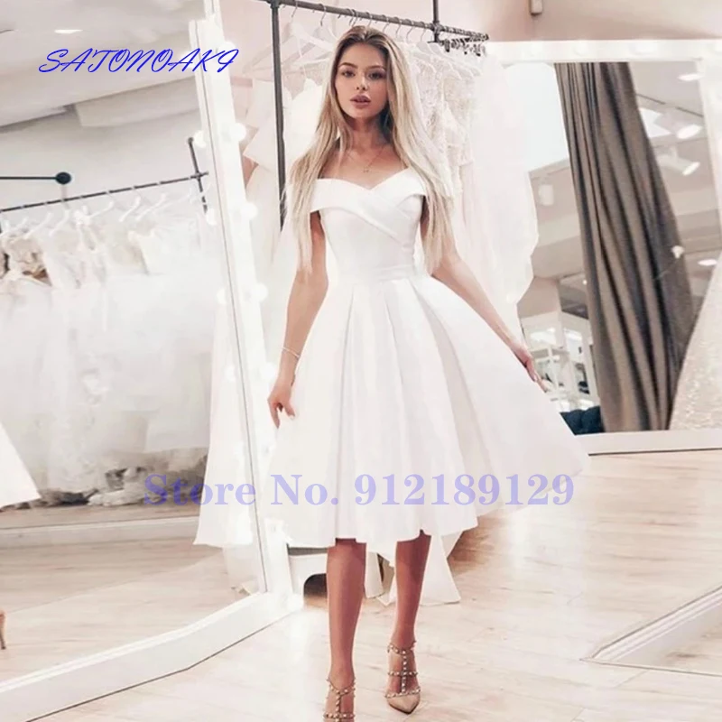 الأبيض الساتان فساتين زفاف قصيرة قبالة الكتف طول الركبة زي العرائس Vestidos دي نوفيا رداء ماري Sukienka متجر عبر الإنترنت