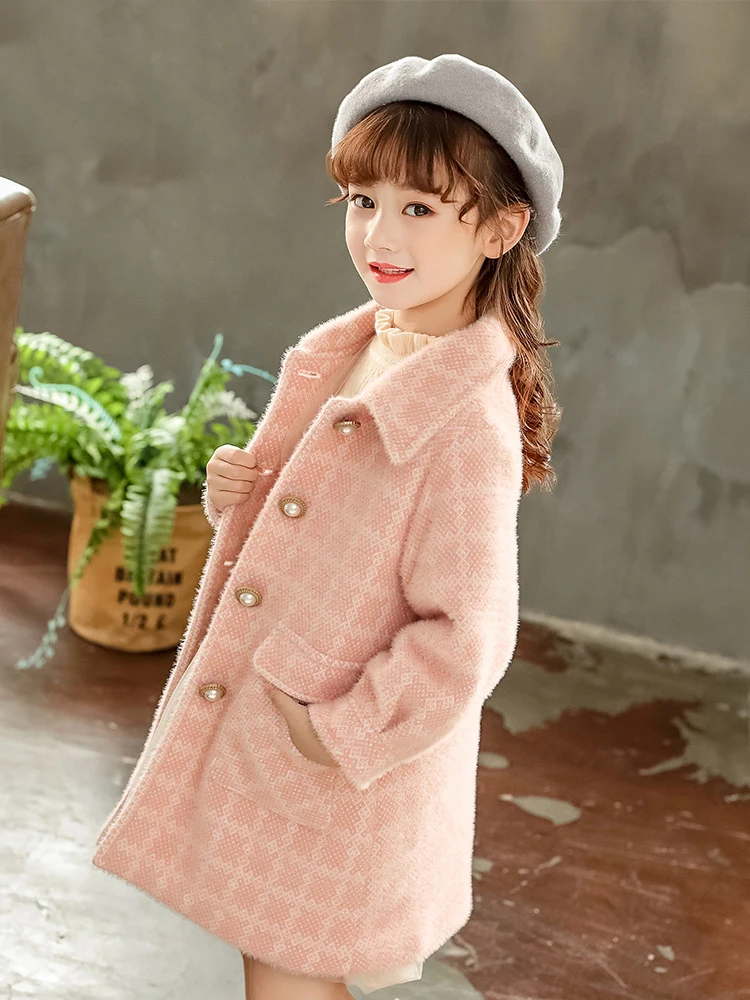 Girls Cotton Padded Woolen Coat Fall & Winter Children's Clothing Thick Warm Outerwear Kids Soft Chenille Jacket Overcoat P377