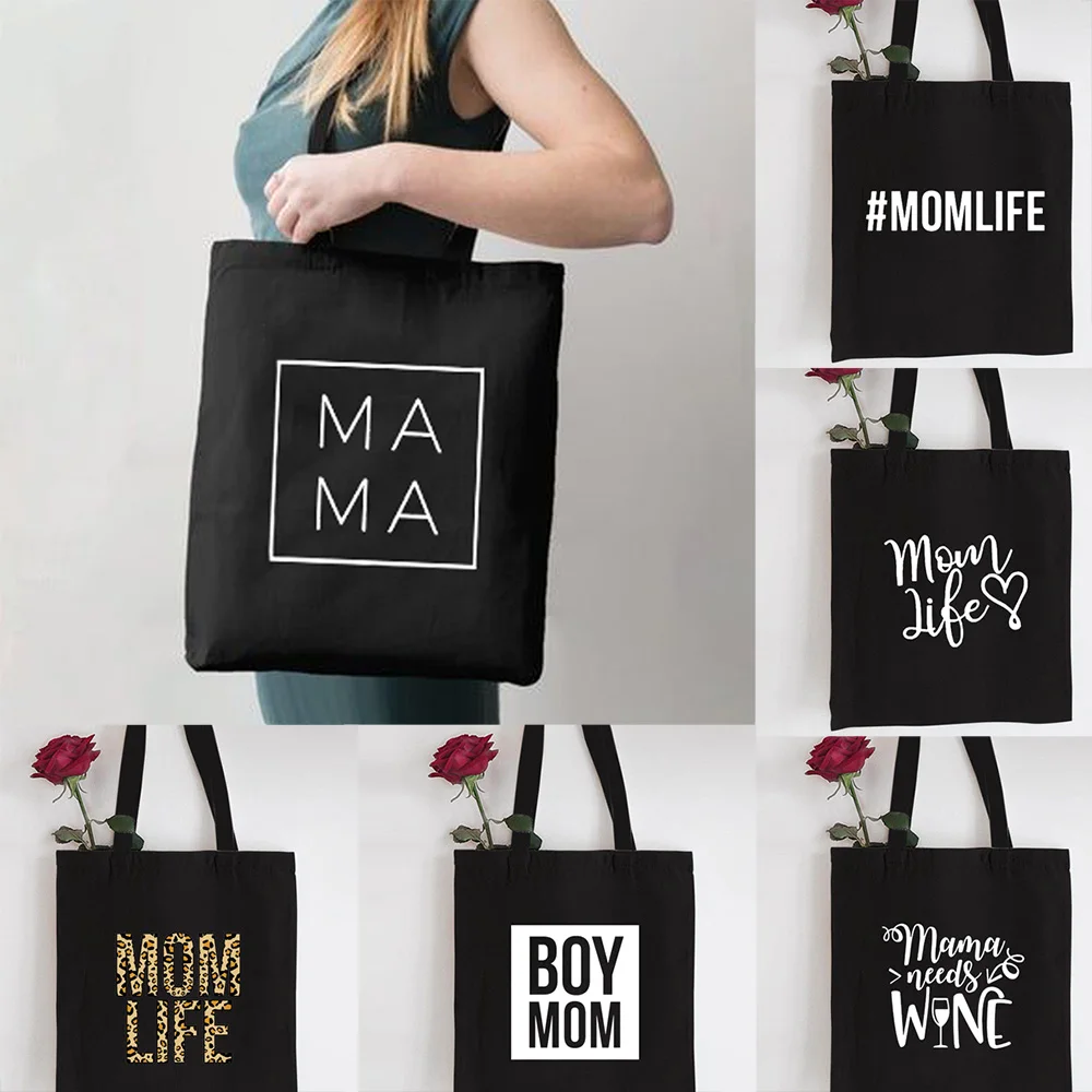 

Mama Shopping Canvas Black Bag Mom Life Print Reusable Eco Cloth Travel Bag Foldable Tote Bags Large Capacity Mother Nappy Bag