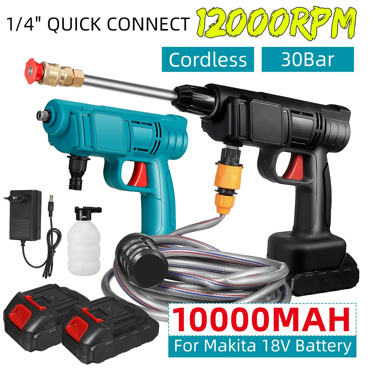 Pistola de Água para Lavagem de Carro 30bar 10000mah sem Fio Elétrica Alta Pressão Recarregável Pistola Spray para Carros Makita Bateria de 18v