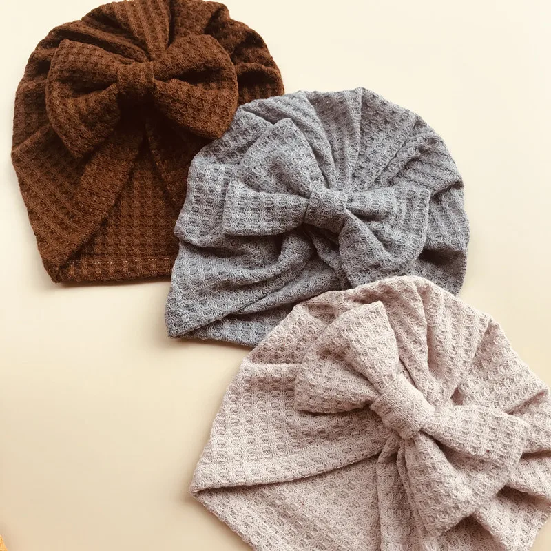 Solid Waffle Crochet Knitted Bow Baby Hat Turban Infant Toddler Newborn Baby Cap Beanies Headwraps for Baby Girls Boy 3-5T